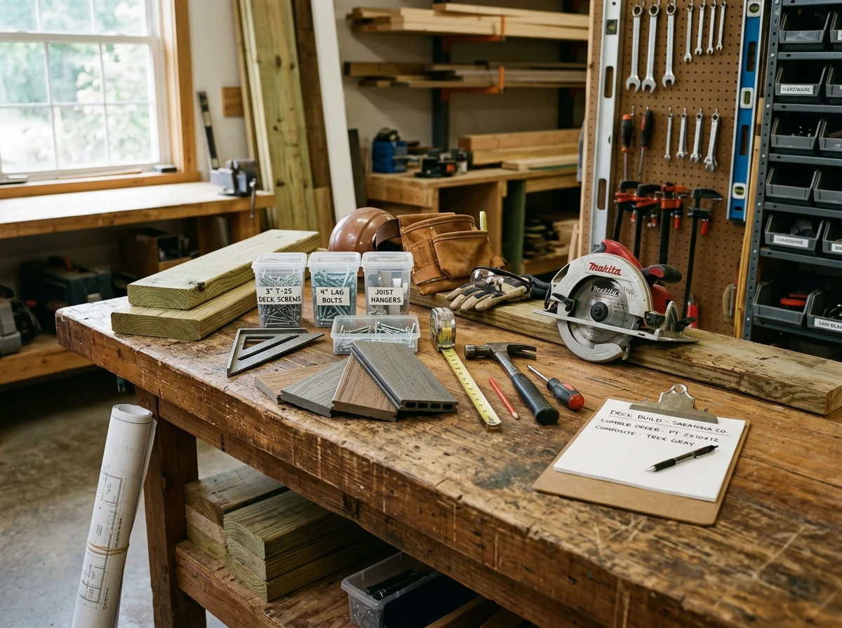 Construction tools and materials arranged on a work surface, representing the range of trades offered.
