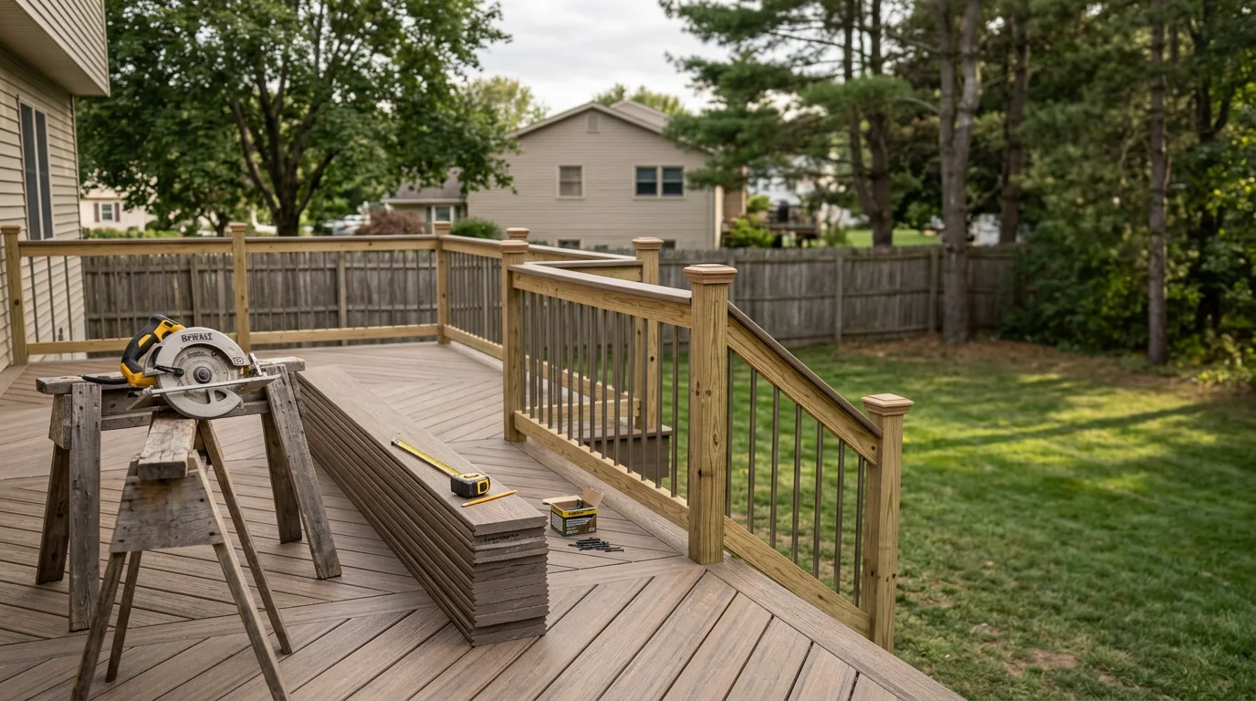 Completed residential deck with railings overlooking a backyard