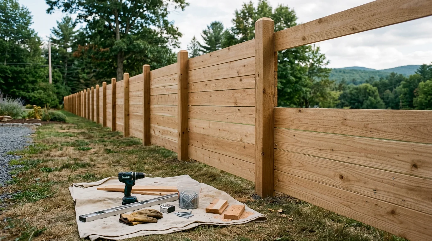 Residential fence installation showing completed fence line
