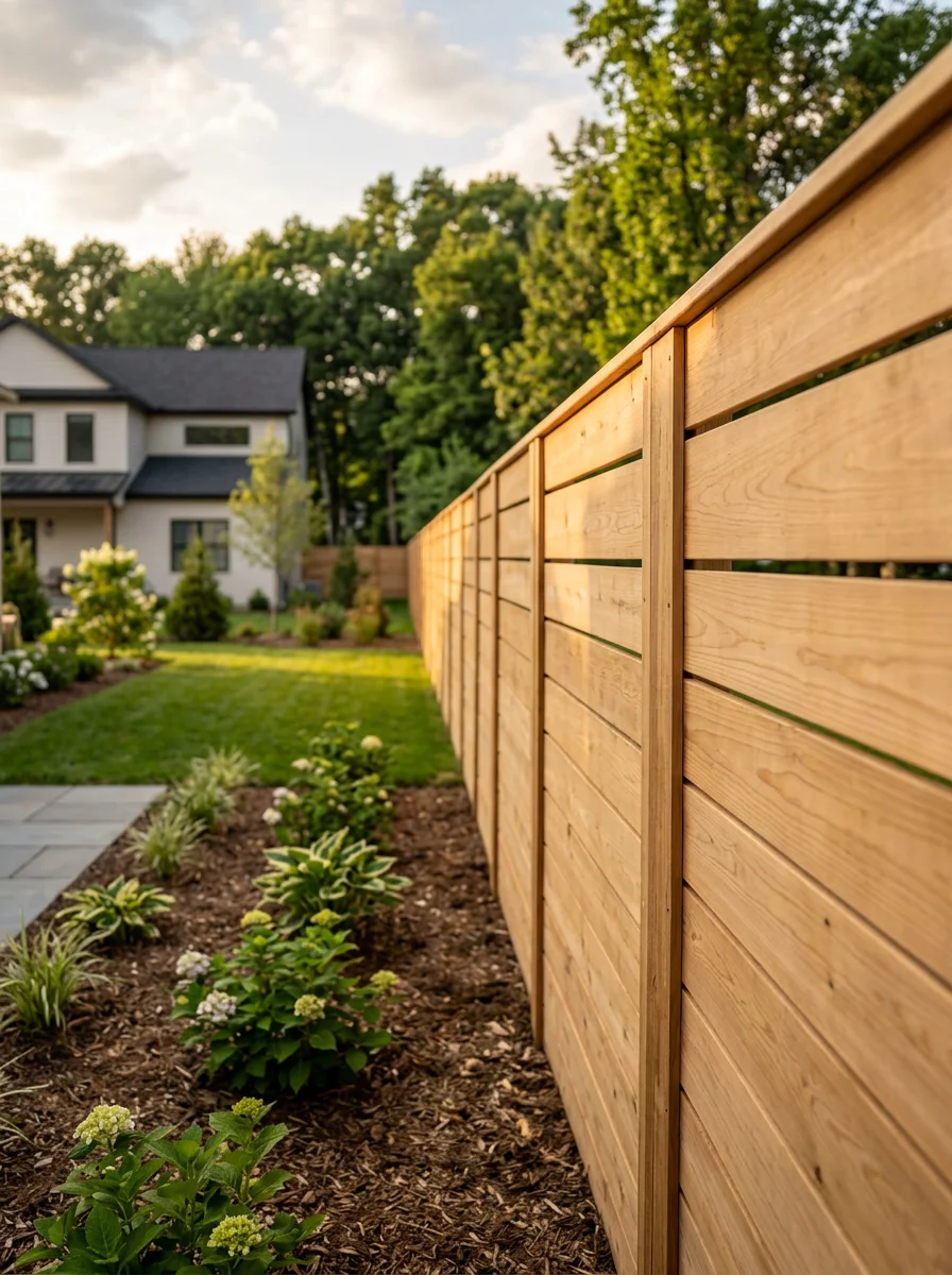 Freshly installed wood privacy fence along the lot line of a newer Halfmoon, NY home with a landscaped backyard visible behind it.