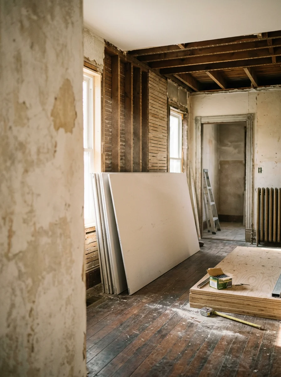 New flooring and sheetrock installation inside a pre-war Hudson Falls, NY home during a full interior remodel.