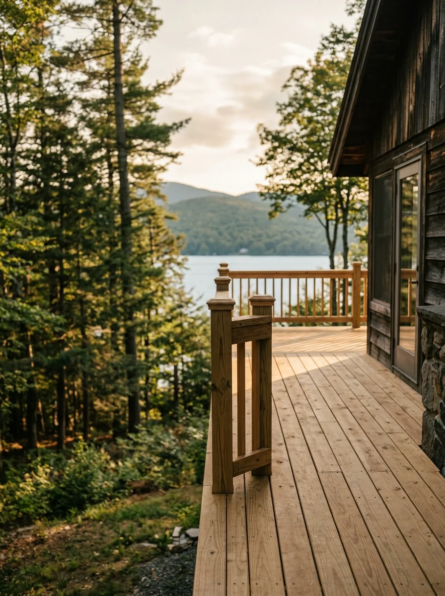 New wood deck attached to a seasonal cottage near Lake George, NY, overlooking a wooded hillside with Adirondack terrain in the background.