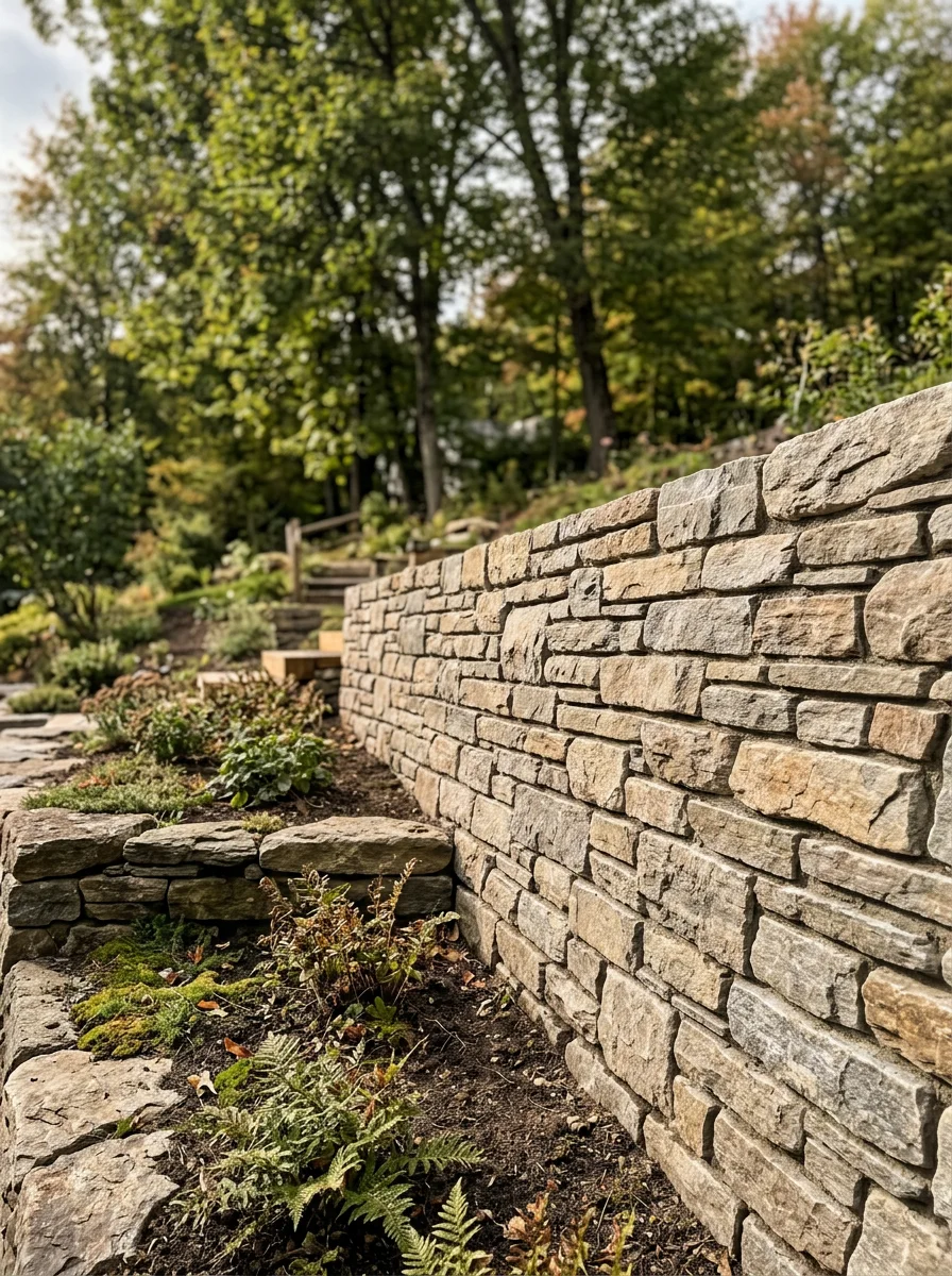 Close-up of a stacked stone retaining wall holding a sloped backyard on a Queensbury, NY residential property.