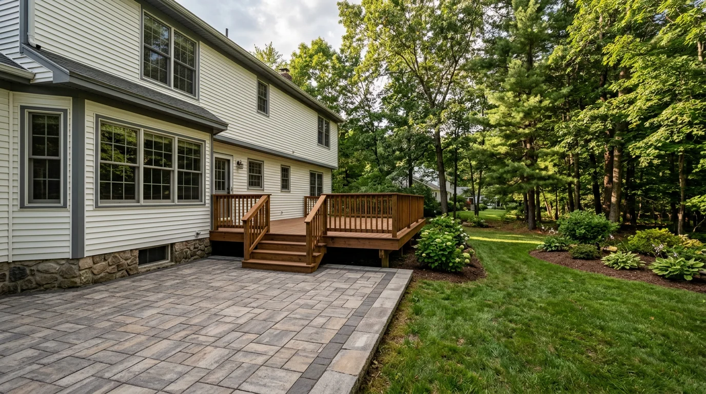 Newly installed paver patio with a wood deck attached to a single-family colonial home in a Queensbury, NY subdivision, surrounded by mature trees.