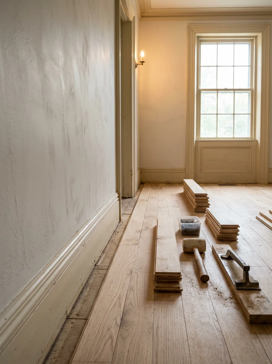 New flooring installation in progress inside an older Warrensburg, NY home, with original wood trim visible along the baseboards.