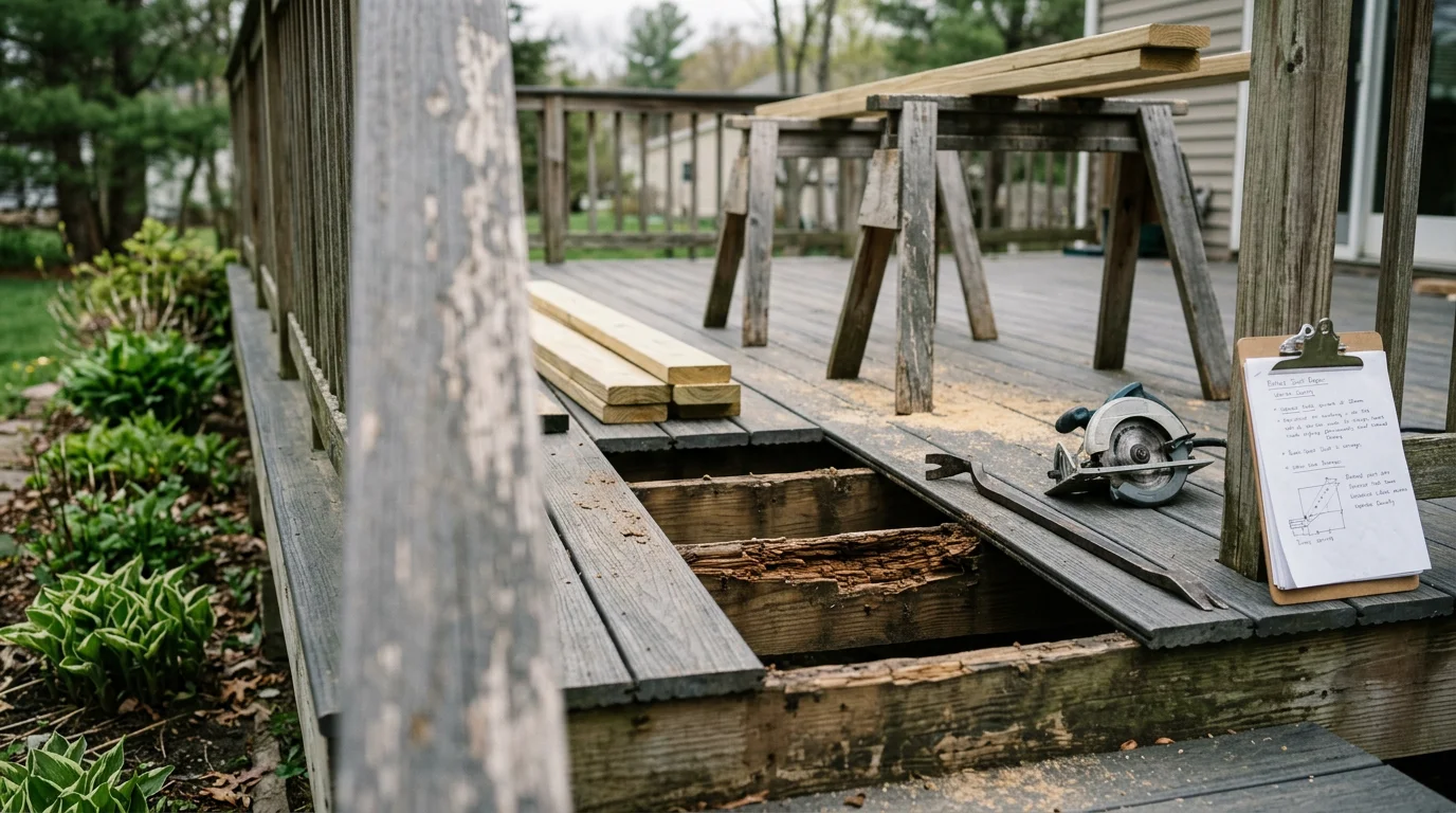 A repaired wood deck on a residential home in Queensbury, New York, showing replaced boards and secured railings after winter weather damage. Close-up view of fresh decking boards alongside the original structure in a Warren County backyard setting.