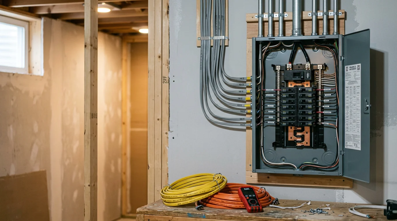 A newly installed residential electrical service panel with organized wiring in a Queensbury, New York home. The panel is mounted flush to an interior wall with clearly labeled circuit breakers and clean conduit runs.