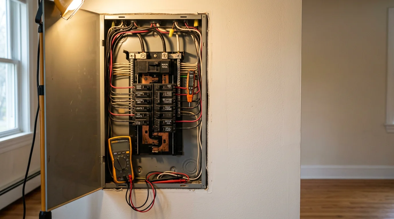 An electrician inspecting an open residential circuit breaker panel inside a Queensbury, New York home, with wiring visible and a voltage tester in hand. The repair focuses on a tripped breaker in an older-style panel common to homes in the Glens Falls area.