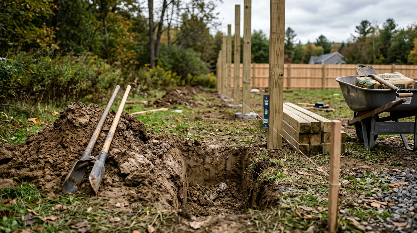 A newly installed wood privacy fence along the side yard of a residential property in Queensbury, New York, with posts set into the ground and a clean fence line running the length of the lot. The surrounding landscape shows a typical upstate New York residential setting with mature trees in the background.