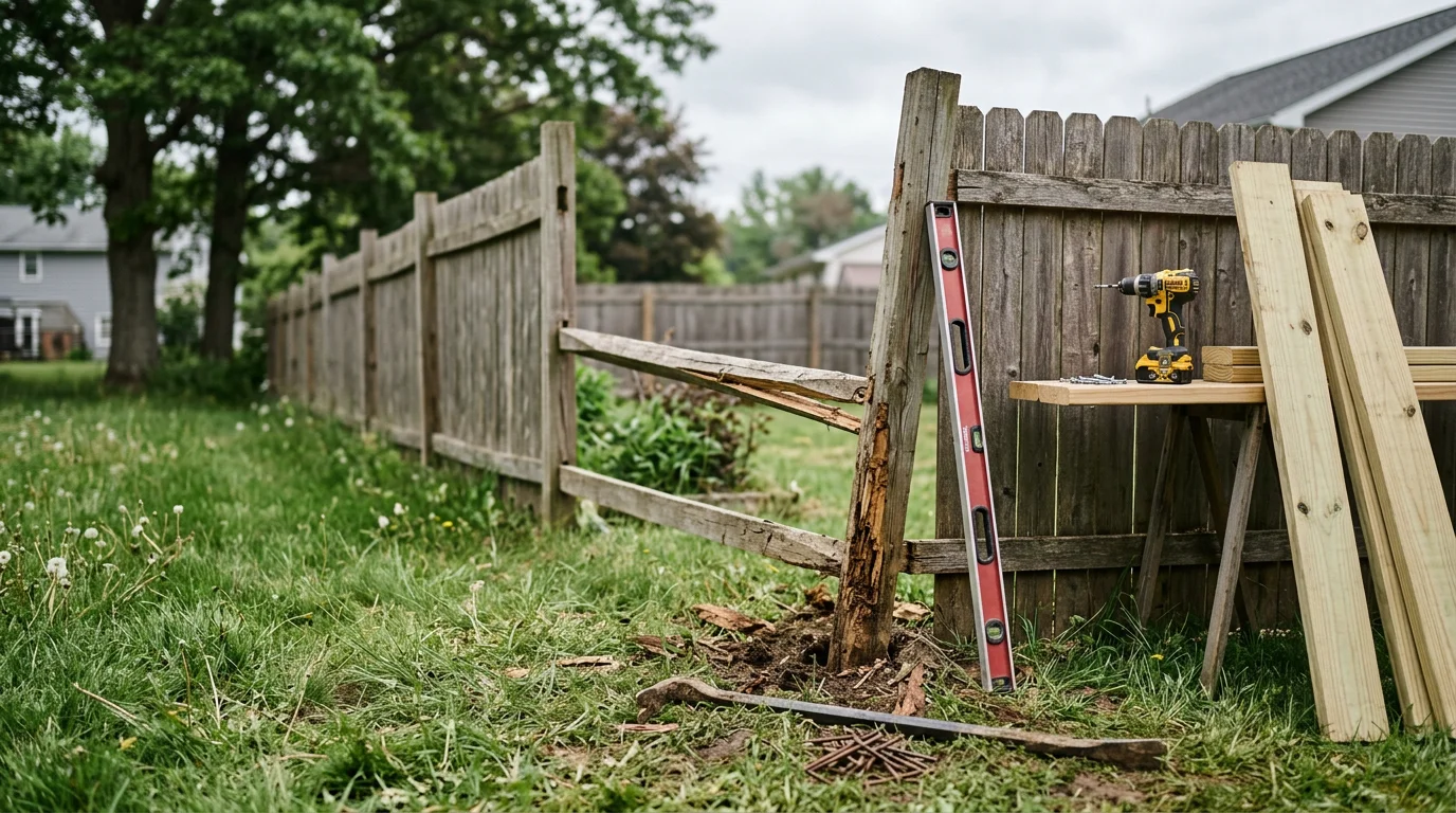 A repaired wood fence with replaced posts and new boards along a residential property in Queensbury, New York. The fence line runs straight and level after repair work completed by Creative Properties.
