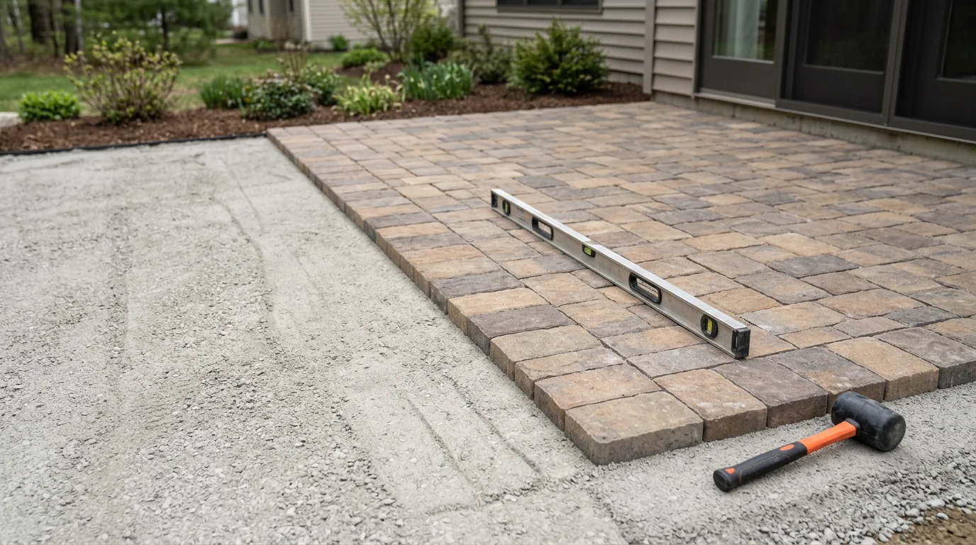 Completed paver patio in a Queensbury, New York backyard, showing an interlocking stone surface with a defined seating area and clean edge borders. The patio is set against a residential home exterior with surrounding lawn and mature trees typical of the upstate New York region.