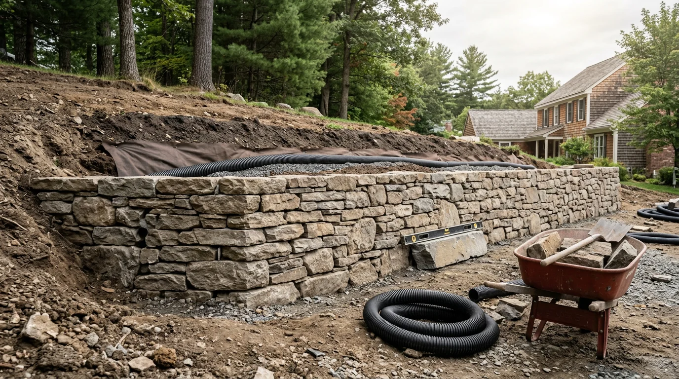 A completed stone retaining wall holding back a sloped backyard at a residential property in Queensbury, New York. The wall creates two level tiers of lawn space with clean block joints and a gravel drainage bed visible at the base.